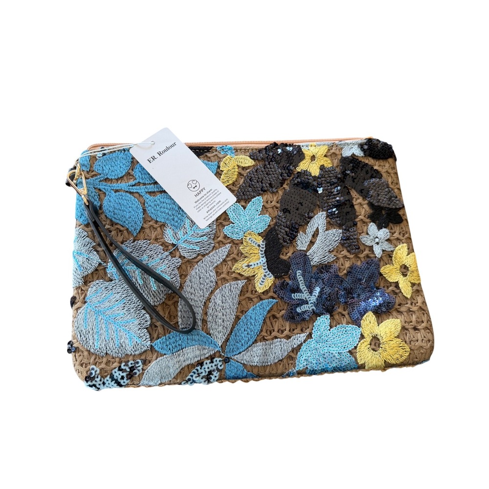 ER. Roulour Floral Sequin Embroidered Straw Wristlet Clutch Bag Tan Blue NEW